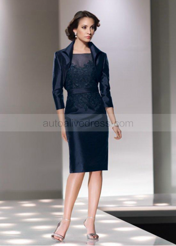 Navy Blue Lace Taffeta Mother Dress With Cape
